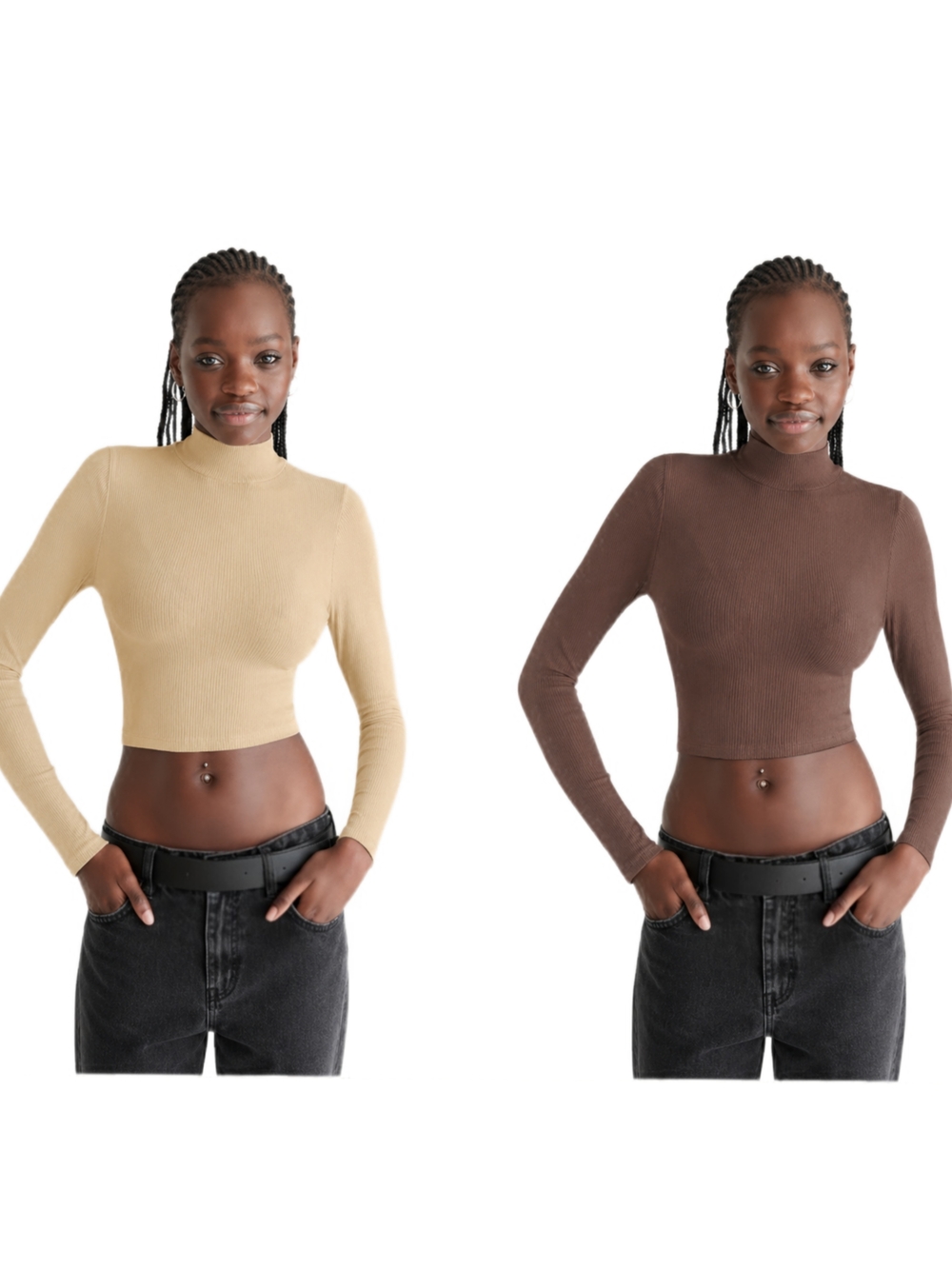 NWOT Set Of 2 Ribbed Mock Neck Crop Top - Beige and Brown L/XL